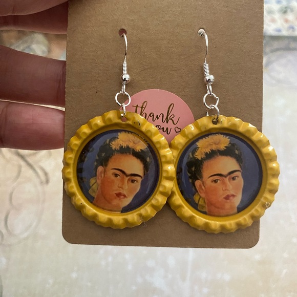 Frida Kahlo. handcrafted bottle Cap Earrings - Picture 10 of 14